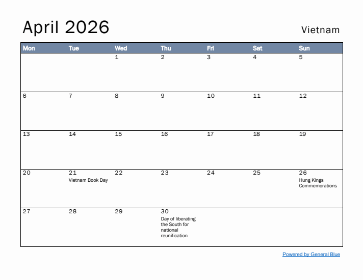 April 2026 Simple Monthly Calendar for Vietnam