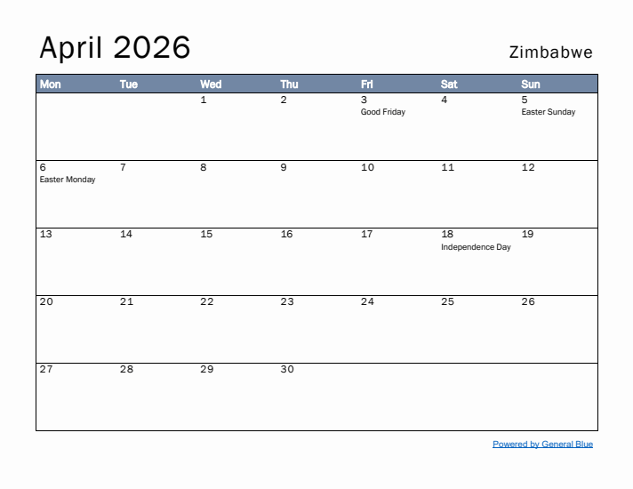 April 2026 Simple Monthly Calendar for Zimbabwe