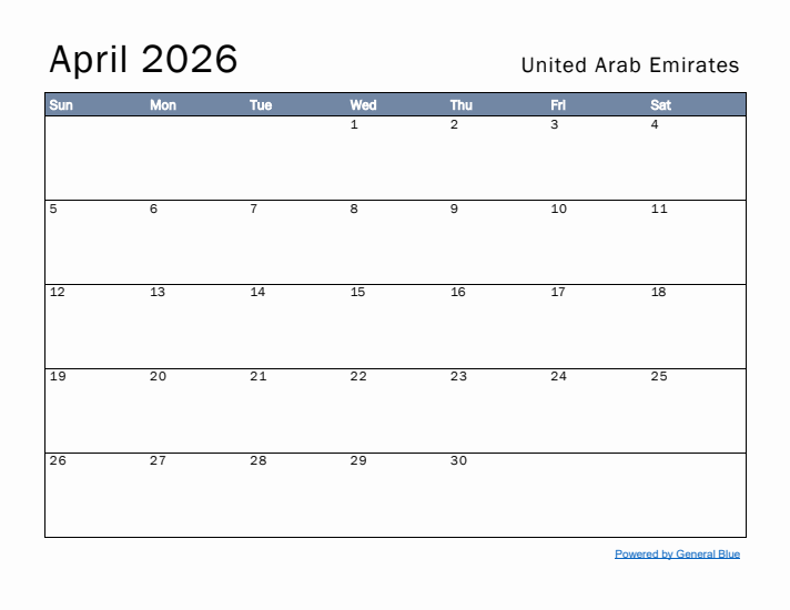 April 2026 Simple Monthly Calendar for United Arab Emirates