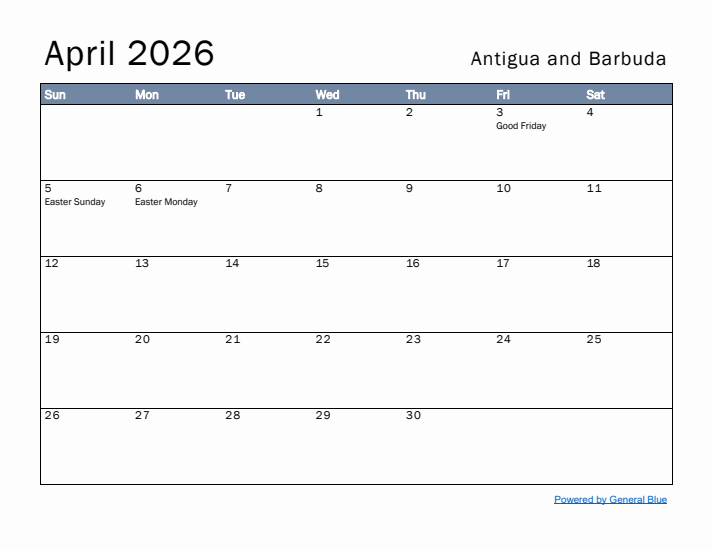 April 2026 Simple Monthly Calendar for Antigua and Barbuda