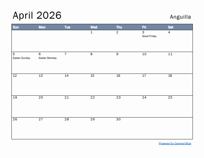 April 2026 Simple Monthly Calendar for Anguilla