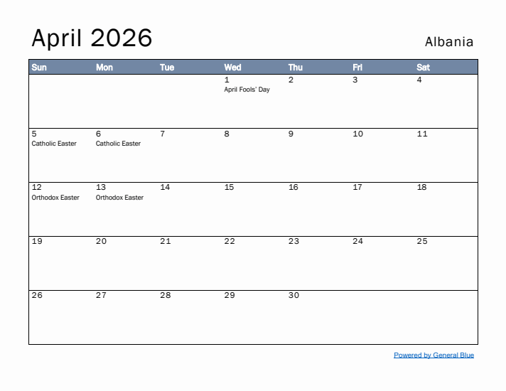 April 2026 Simple Monthly Calendar for Albania