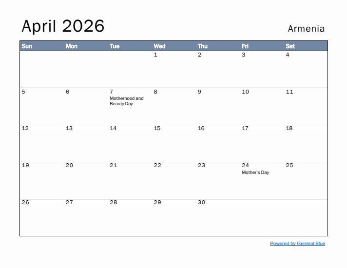 April 2026 Simple Monthly Calendar for Armenia