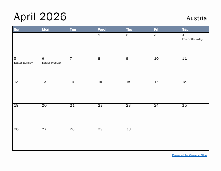 April 2026 Simple Monthly Calendar for Austria