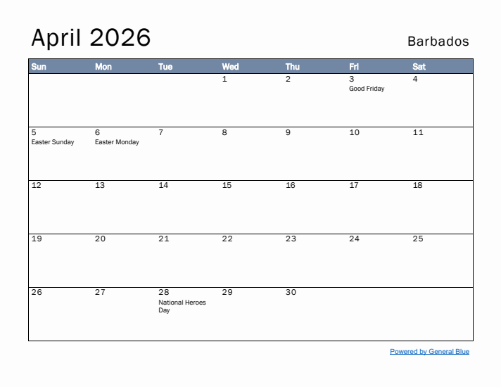 April 2026 Simple Monthly Calendar for Barbados