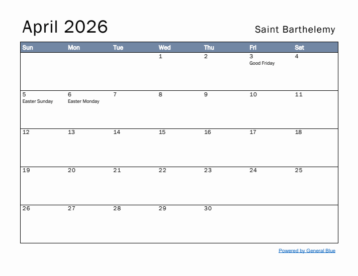 April 2026 Simple Monthly Calendar for Saint Barthelemy