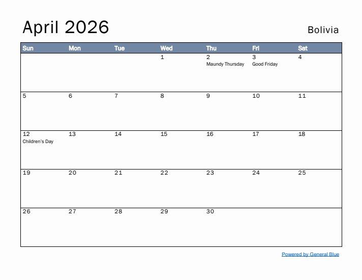 April 2026 Simple Monthly Calendar for Bolivia