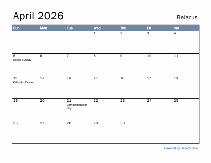 April 2026 Simple Monthly Calendar for Belarus