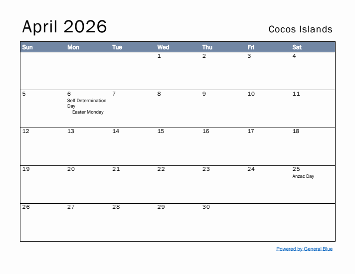 April 2026 Simple Monthly Calendar for Cocos Islands