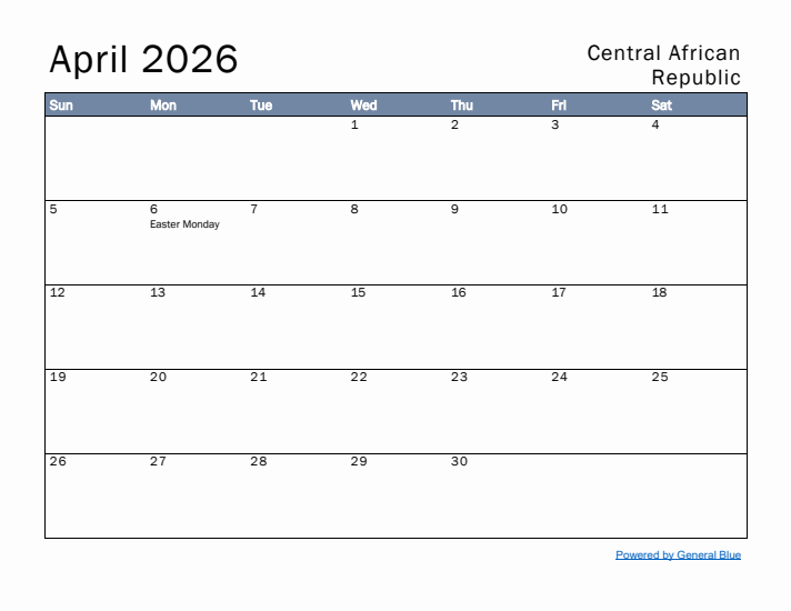 April 2026 Simple Monthly Calendar for Central African Republic