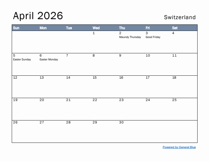 April 2026 Simple Monthly Calendar for Switzerland