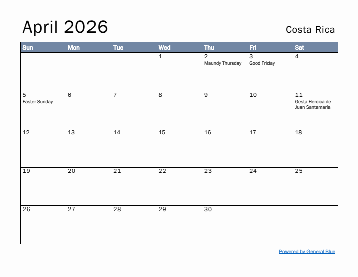 April 2026 Simple Monthly Calendar for Costa Rica