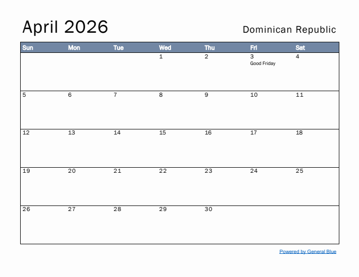 April 2026 Simple Monthly Calendar for Dominican Republic