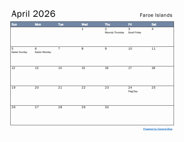 April 2026 Simple Monthly Calendar for Faroe Islands