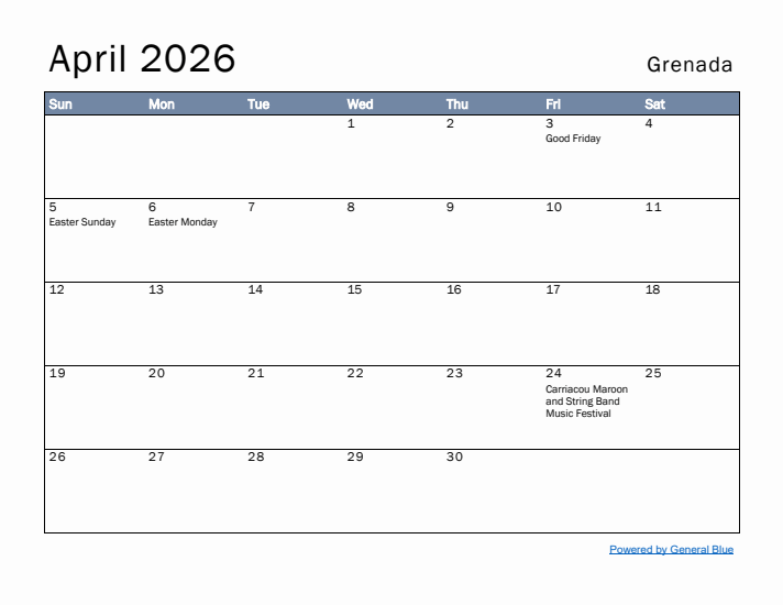 April 2026 Simple Monthly Calendar for Grenada