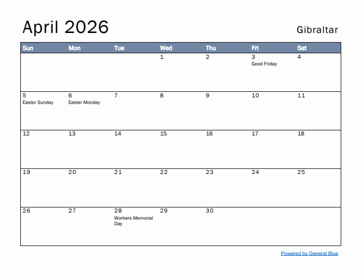 April 2026 Simple Monthly Calendar for Gibraltar