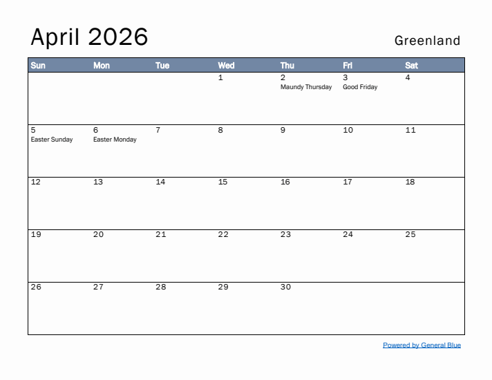 April 2026 Simple Monthly Calendar for Greenland