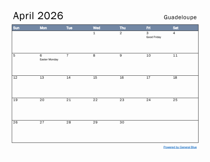 April 2026 Simple Monthly Calendar for Guadeloupe