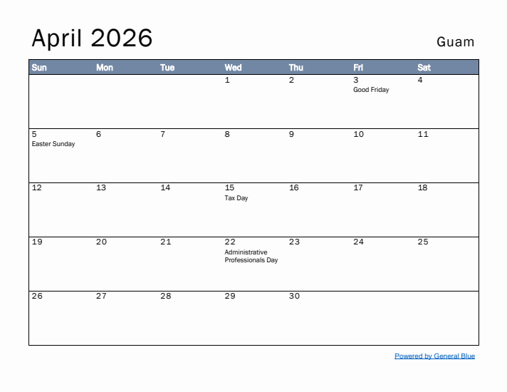 April 2026 Simple Monthly Calendar for Guam