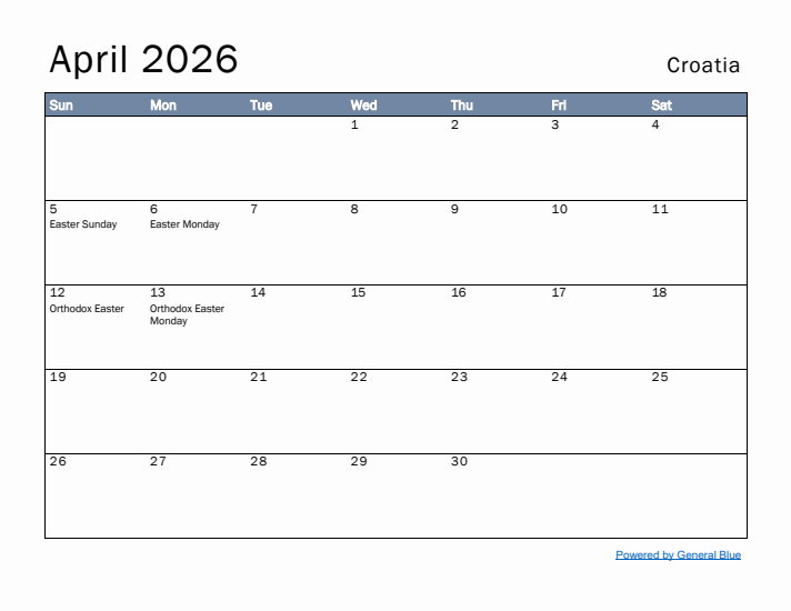 April 2026 Simple Monthly Calendar for Croatia