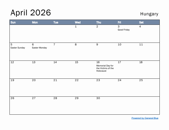 April 2026 Simple Monthly Calendar for Hungary