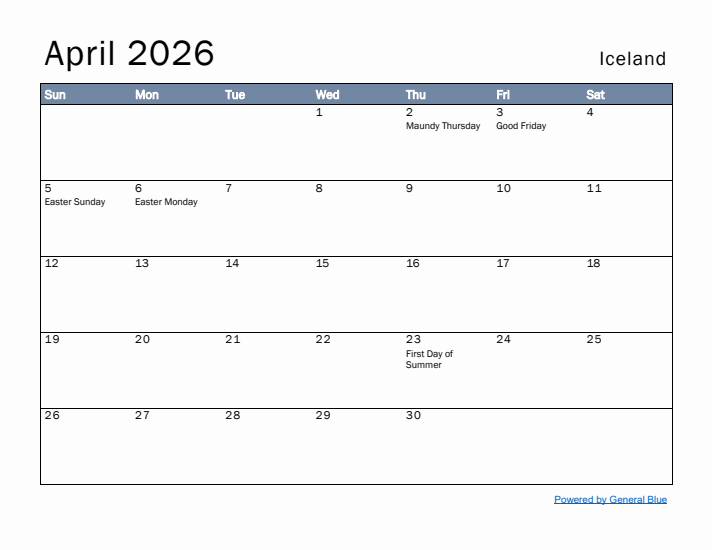 April 2026 Simple Monthly Calendar for Iceland