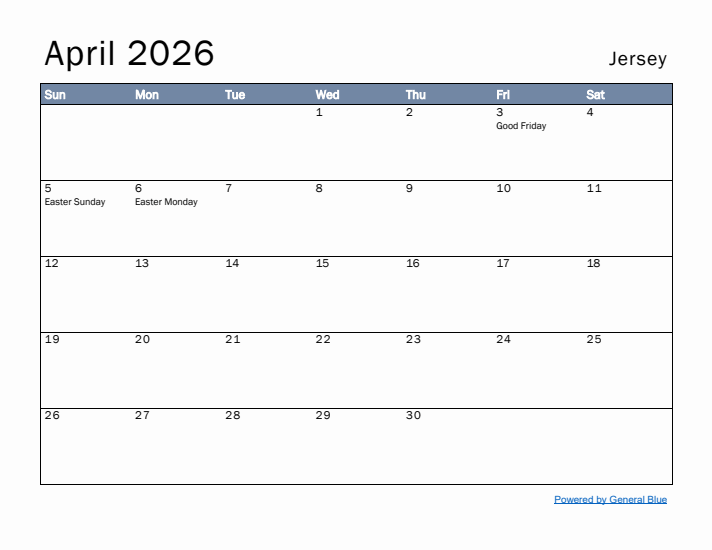 April 2026 Simple Monthly Calendar for Jersey