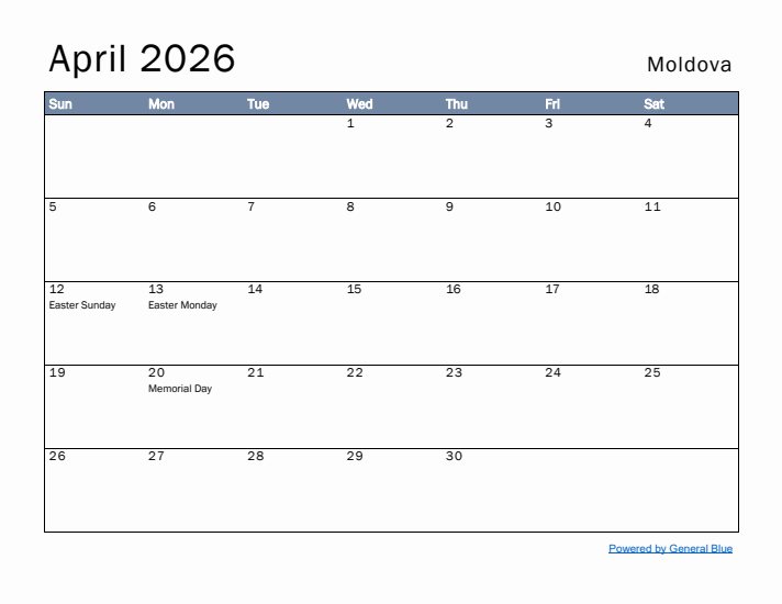 April 2026 Simple Monthly Calendar for Moldova