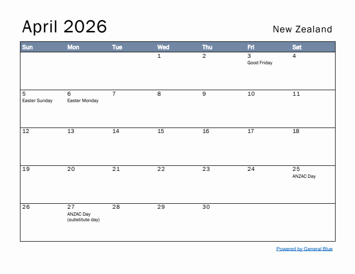 April 2026 Simple Monthly Calendar for New Zealand