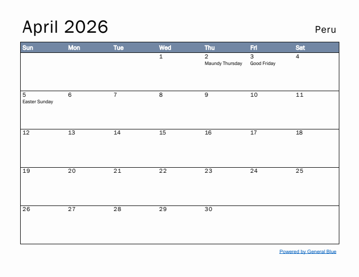 April 2026 Simple Monthly Calendar for Peru