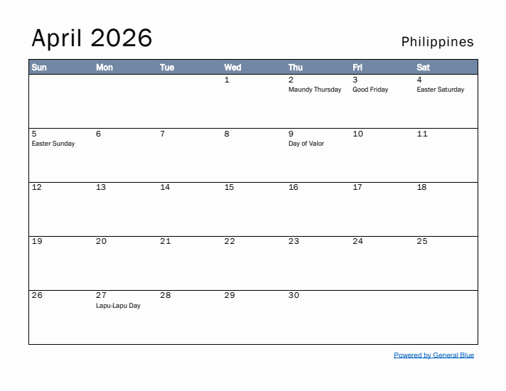 April 2026 Simple Monthly Calendar for Philippines