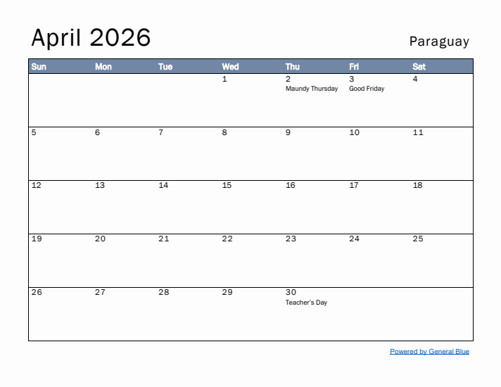 April 2026 Simple Monthly Calendar for Paraguay