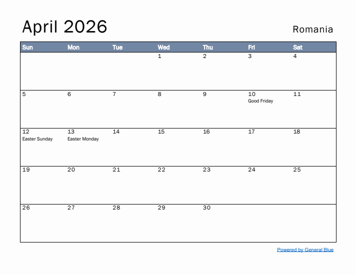 April 2026 Simple Monthly Calendar for Romania