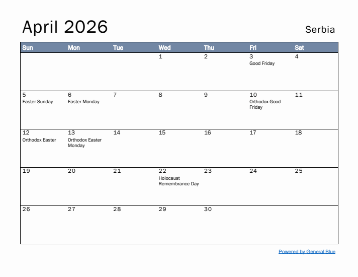 April 2026 Simple Monthly Calendar for Serbia