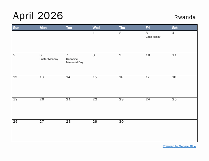 April 2026 Simple Monthly Calendar for Rwanda