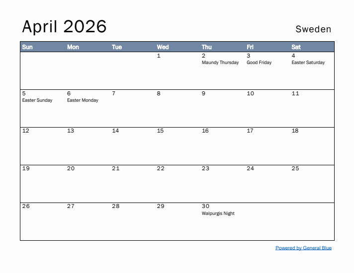 April 2026 Simple Monthly Calendar for Sweden