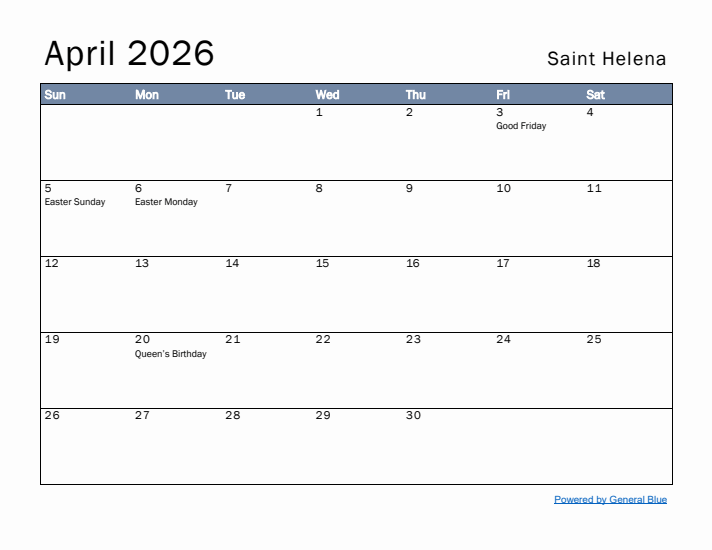 April 2026 Simple Monthly Calendar for Saint Helena