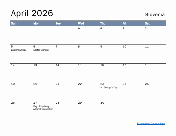 April 2026 Simple Monthly Calendar for Slovenia