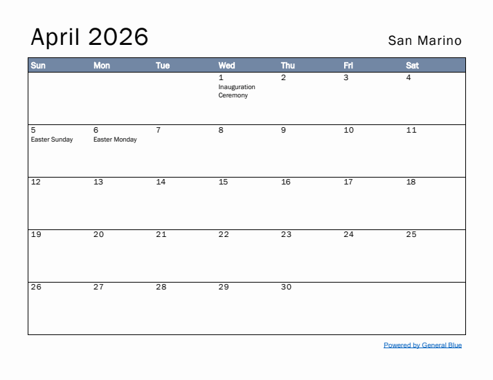 April 2026 Simple Monthly Calendar for San Marino