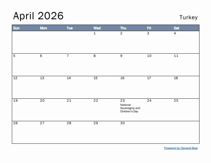 April 2026 Simple Monthly Calendar for Turkey