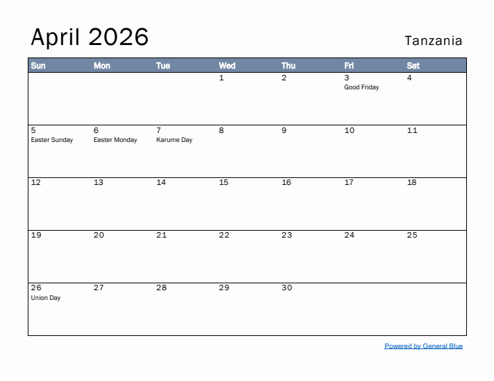 April 2026 Simple Monthly Calendar for Tanzania