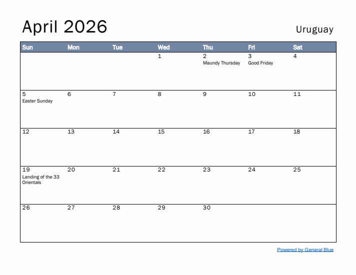 April 2026 Simple Monthly Calendar for Uruguay