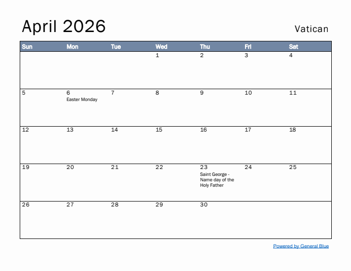 April 2026 Simple Monthly Calendar for Vatican