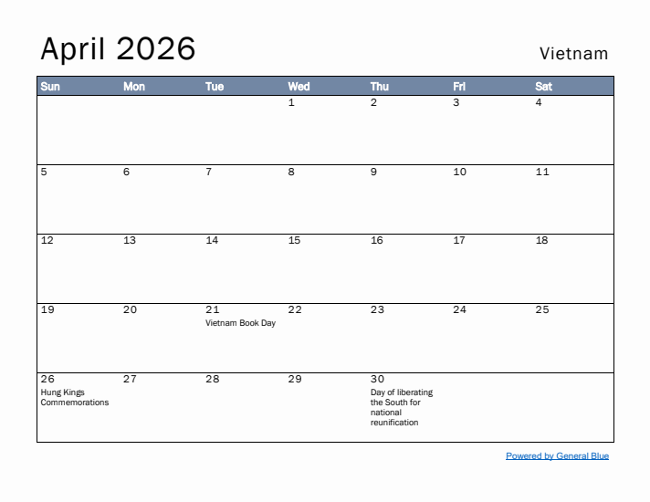 April 2026 Simple Monthly Calendar for Vietnam