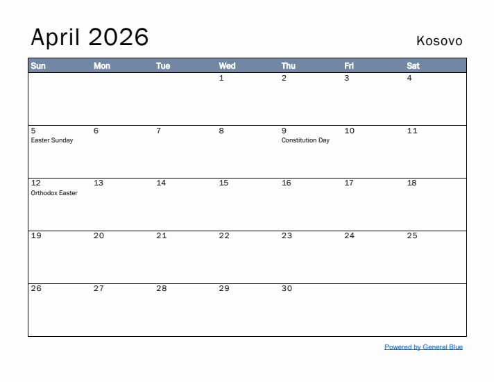 April 2026 Simple Monthly Calendar for Kosovo