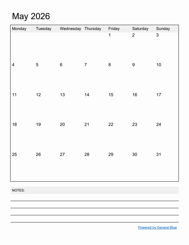 Basic Monthly Calendar Template for May 2026