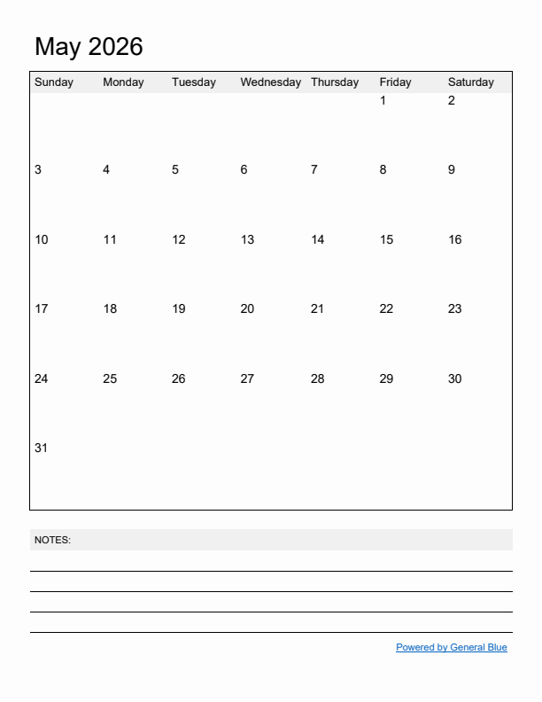 Basic Monthly Calendar Template for May 2026