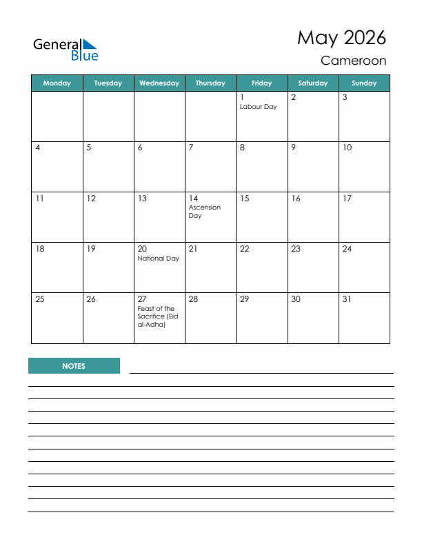 Calendar with Notes Printable - Monday Start