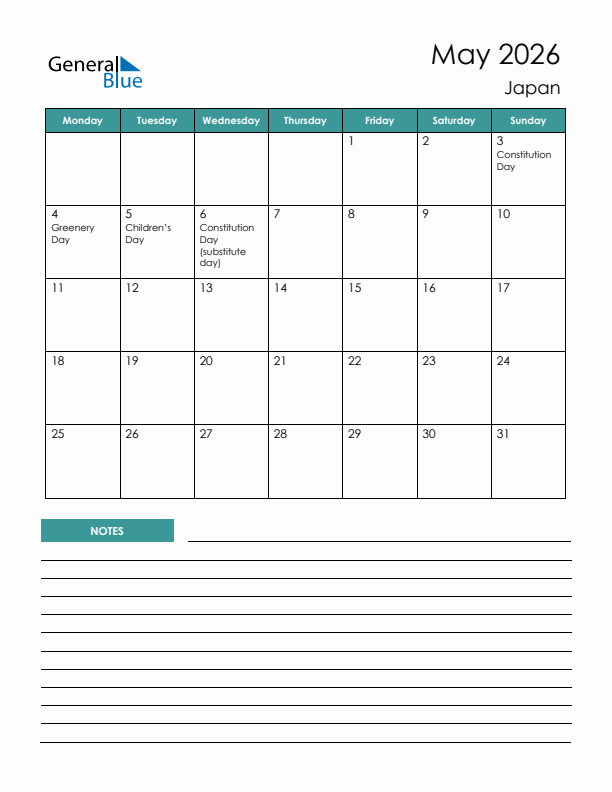 Calendar with Notes Printable - Monday Start