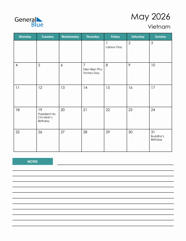 Calendar with Notes Printable - Monday Start